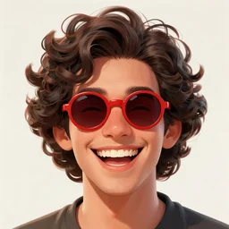 beautiful portrait commission of a man with curly hair and big red round sunglasses grinning widely. character design by charlie bowater, detailed, inked, western comic book art