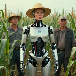 cybernetically enhanced corn farmer in 2 1 2 7, high resolution film still, 8 k, by denis villeneuve, wayne barlowe, beeple, frank frazetta