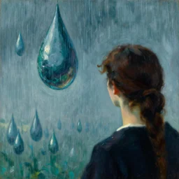 close up of a back of a woman looking in the distance at the giant raindrop creatures. henri de toulouse - lautrec, yves tanguy