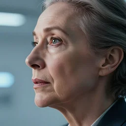 a 2 4 mm lens ultra high resolution close up photo of a beautiful older woman wearing a business suit. right side profile photo. her eyes are wide open and she has an expression of rapture. face has very clear features. futuristic, sci fi, cinematic lighting