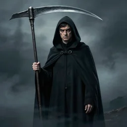 rowan atkinson is the death, reaper, wearing dark cloak, holding a scythe, dark misty background