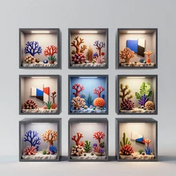 composition of nine square boxes with different microbionts, diorama, front view, light mode, led lamps, coral reef, octane render, kazimir malevich