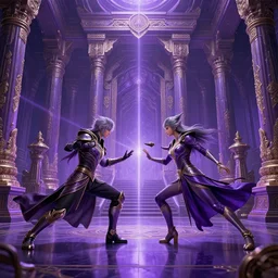 fantasy sci fi characters fight in ancient temple, purple colors, action scene, 8 k, lumen reflections, sharpened, insanely detailed and intricate, hypermaximalist, elegant, ornate, hyper realistic, super detailed, digital art