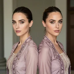 portrait of lindsey pelas and gal gadot wearing kebaya in jakarta, by charlotte grimm, natural light, detailed face, beautiful features, symmetrical, canon eos c 3 0 0, ƒ 1. 8, 3 5 mm, 8 k, medium - format print, half body shot