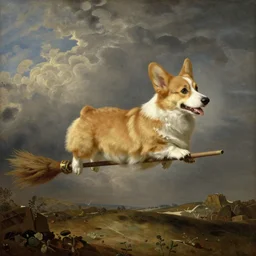 dutch golden age painting of a corgi flying on a broomstick