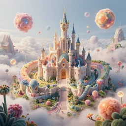 wide angle 3 d render of a rococo art nouveau castle in a surreal dreamscape adventure time rodney matthews painting of a geometrically complex interweaving hal tenny 3 d fractal landscape swirling vortex castle made of cute soft fluffy things surrounded by fuzzy glowing orbs of energy, botanical future cloud heavy fog, orbs, artstation unreal 8 k hd