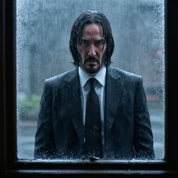 john wick behind a window in the rain