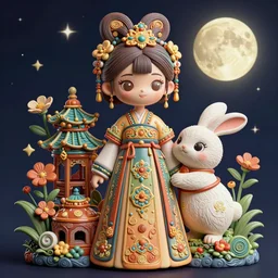 intricate richly detailed 3 d illustration of a girl in traditional chinese dress with cartoon rabbit, moon night with stars background completely render by rossdraws, thomas kinkade