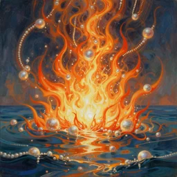 ocean of canvas that catches liquid fire, intricate pearls, benois alexandre, magical, concept art, art nouveau, trending on artstation, volumetric lighting, cgsociety