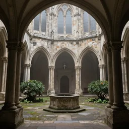cloister of a gothic abbey surrounded by arches, stone columns, bushes, a well, fog, gloomy atmosphere, highly detailed, cinematic lighting, perfect composition, 4 k, gustave dore, derek zabrocki, greg rutkowski, belsinski, octane render
