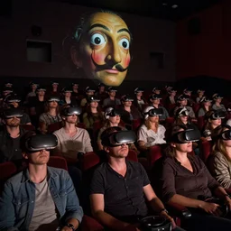 people in a busy very dark movie theatre, all of they are wearing vr headsets with art direction by salvador dali, wide lens