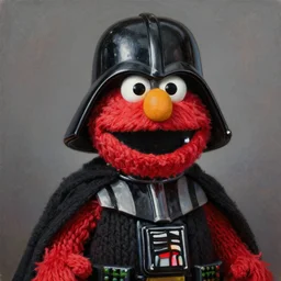 a photorealistic photograph of a knitted elmo style puppet darth vader. sesame street. hyper detailed, oil on canvas. this 4 k hd image is trending on artstation, featured on behance, well - rendered, extra crisp, features intricate detail, epic composition and the style of unreal engine.