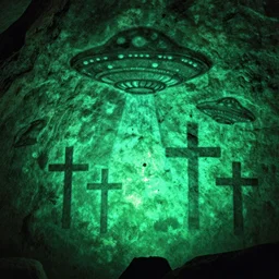 fluo green cave painting of crosses and ufos
