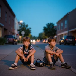 quiet kids in the street, blue sky, summer evening, kenton nelson
