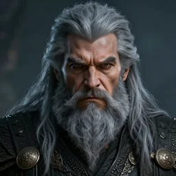a highly detailed headshot portrait of a epic massive fantasy man with grey hair and beard staring ominously concept art