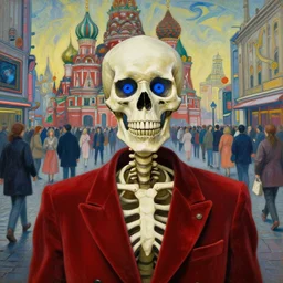 realistic detailed closeup film shot painting of a single skeleton wearing red velvet blazer in a crowded futuristic moscow street by Jean Delville, Amano, Yves Tanguy, Alphonse Mucha, Ernst Haeckel, Andrei Tarkovsky, Edward Robert Hughes, Roger Dean, rich moody colours, wide angle, blue eyes