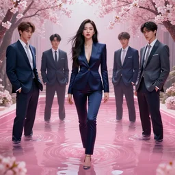 lee jin - eun in tempting luxurious space slim suit emerging from pink water in cyberpunk theme by greg rutkowski, claude monet, conrad roset, takato yomamoto, james jean, rule of thirds, seductive look, beautiful, sakura flowers,, refined, masterpiece