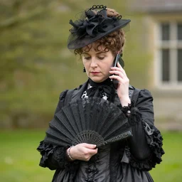 Victorian aristocrat lady using a hand fan and using a cell phone