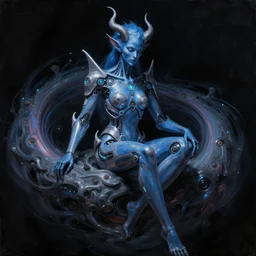 neoclassicist renaissance full body portrait of high intelligent single blue demon seated inside singularity, with high tech body connection implants liquid glow interface. iridescent textures. black background. highly detailed fantasy science fiction painting by chris cunningham and vrubel. dark and volumetric. trending on artstation