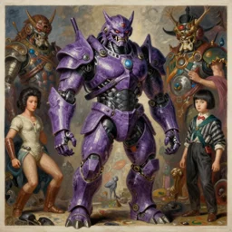 purple oni in cyborg armor, monumental painting by gerrit van honthorst and hajime sorayama and devis stuart, illusion surreal art, highly conceptual figurative art, intricate detailed oil illustration, controversial poster art, polish poster art 1 9 8 0