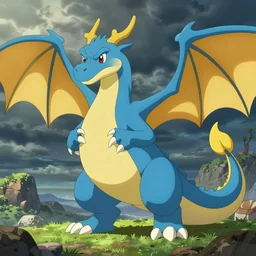 a cartoon of a blue and yellow dragon, concept art by Ken Sugimori, featured on deviantart, furry art, furaffinity, deviantart hd, flat shading, commission for