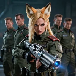 close up of evil futuristic dystopian regime soldier, plasma gun, angry, blonde hair with fox ears, fluffy fox ears, human, female, concept design, contrast, hot toys, kim jung gi, greg rutkowski, zabrocki, karlkka, jayison devadas, trending on artstation, 8 k, ultra wide angle, pincushion lens effect