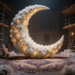 giant crescent under construction in a magic fluffy persian carpet dimension, by greg rutkowski and gaston bussiere, dim lighting, beautiful volumetric - lighting - style atmosphere, surreal atmosphere, intricate, detailed, photorealistic imagery, trending artstation