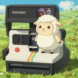 a cute sheep furry standing like a human being, stand on a huge polaroid camera, by jonathan chu, artstation, twitter, japanese fantasy, studio ghibli, micro - landscape, comic paint, highly details, 4 k,