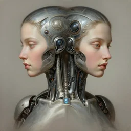 symmetry, portrait of female android, intricate, elegant, highly detailed, digital painting, artstation, concept art, smooth, sharp focus, illustration, art by fra angelico and greg ruthkowski