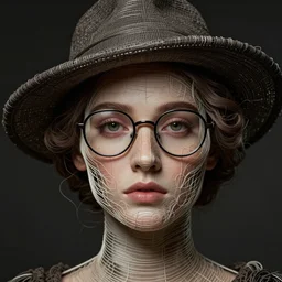 a beautiful portrait with glasses and hat made by wires twisted around her face ,inspired by baroque art, new classic,hyper realistic,cinematic composition,cinematic lighting,fashion design, concept art, hdri, 4k -