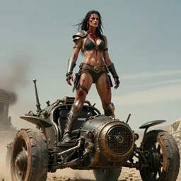 vertical movie frame with female warrior standing on tall steam punk buggy with wood wheels, hunting, armor inspired by bikini and doom and fashion, mad max in acnient times, strong blooded body, brutal blooded sluty symmetrical face, epic, award winning, establishing shot, extremely high detail, photorealistic, brutal, provocative, octane render, editorial, documentary photography