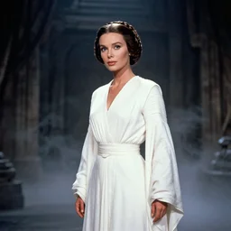 film still of lucille ball as princess leia in star wars movie, long braided hair pulled back, wearing long white robe in a sith temple, deep focus, glamour pose, dramatic lighting, octane, mist, steve mccurry, volumetric lighting, 8 k