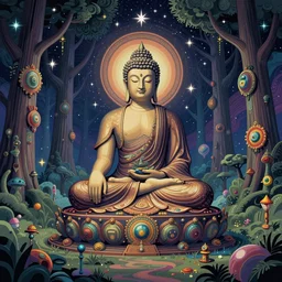steampunk buddha, enchanted cosmic forest, stars in the sky, psychedelic, wide angle shot, vector art, optical illusion, heavenly, 4 k, fantasy poster by helen huang and frank frazetta and salvador dali