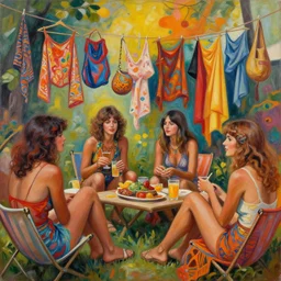 social encounters, depictions of the scene and free love hangs - al fresco, postmodern painting, sensuous, summer of love, psychedelic, abstracted, highly detailed, high resolution