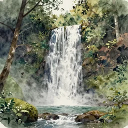 watercolor painting of a waterfall in the forest