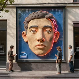 people made of plastic and clay neon advertisements 3 d exterior street portrait face dappled light in the style of jeremy enecio miles johnston monet cynical realism yoshitaka amano louise zhang matt murphy enes dirig pekka halonen finnish naturalism realism