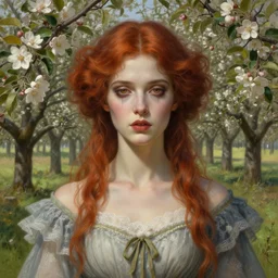 symmetry!! portrait of young woman cursed with ever - increasing intelligence beauty and virtue, slice - of - life, realism, in apple orchard!! intricate, elegant, highly detailed, digital painting, artstation, concept art, smooth, sharp focus, illustration, art by artgerm and greg rutkowski and alphonse mucha
