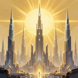 a protoss cityscape with soaring spires, gleaming crystalline structures, and a golden sunburst backdrop, inspired by the architecture of guacheles and gaudi, artstation