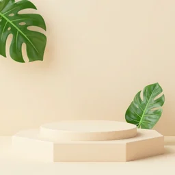 3 d render, background, vector, 3 d background product, display podium, display, geometric platform, scene with leaf, beige background, podium. stand to show cosmetic product. 3 d stage, showcase on pedestal