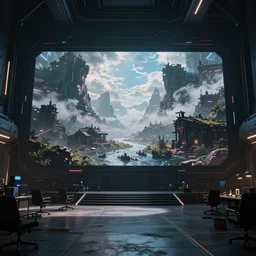 ominous spacious office with a giant screen, cyberpunk, sci fi