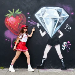 a strawberry - girl and a giant diamond - girl doing crimes, spray paint on black wall