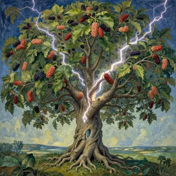 sacred mulberry tree by roger dean and andrew ferez, art forms of nature by ernst haeckel, divine chaos engine, symbolist, visionary, art nouveau, botanical fractal structures, tree of life, lightning bolts, detailed, realistic, surreality