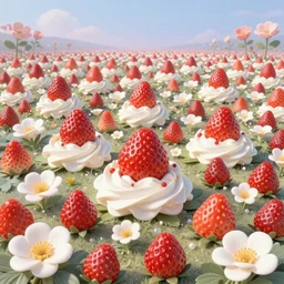 digital magical landscape of detailed art of strawberries and whipped cream flowers