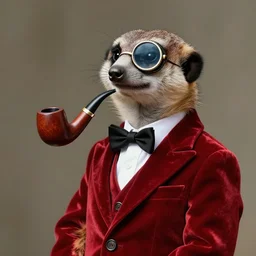 Portrait of a meerkat in a red velvet suit with a tobacco pipe and monocle, elegant, fantasy, 8k, artstation, very high detail, photorealistic, sharp focus, illustration, concept art, volumetric lighting