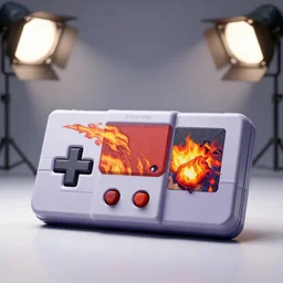 A commercial photo of a super-nintendo with a fire weapon painting, studio background, studio lighting, photorealistic, octane render, 8K, highly detailed, high quality, prpduct photo