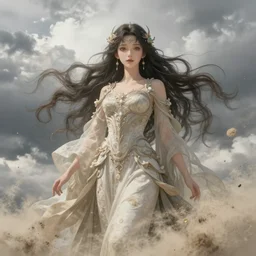 cloudy sky has a face, girl, elegant, anime, fantasy, dust and wind, divine, highly detailed, artstation, magical, intricate, 4 k, art by studio bind and kyoto animation and wit studio and hyeyoung kim