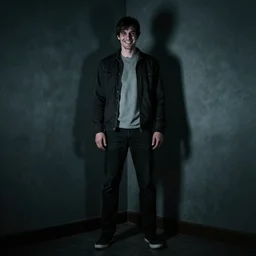 tall man standing in the corner of a dark room smiling, creepy
