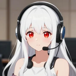 anime portrait of white long haired red eyed young cute girl wearing headset by liricamore