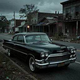 an extremely detailed dark macabre photorealistic cinematic movie scene of an old black Cadillac on the side of the road in an abandoned American town by Edward Hopper, Classic America, queit street liminal space, dramatic lighting, trending on artstation, 8K, HDR