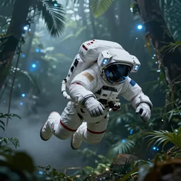 mid - angle single shot of flying body of space astronaut in weightlessness inside tropical jungle with palm leaves, small foggy and gloomy, blue lights, bokeh background, highly detailed science fiction illustration by jeremy geddes. photorealistic, octane render, hyper detailed, 8 k, movie still, artstation, unreal engine